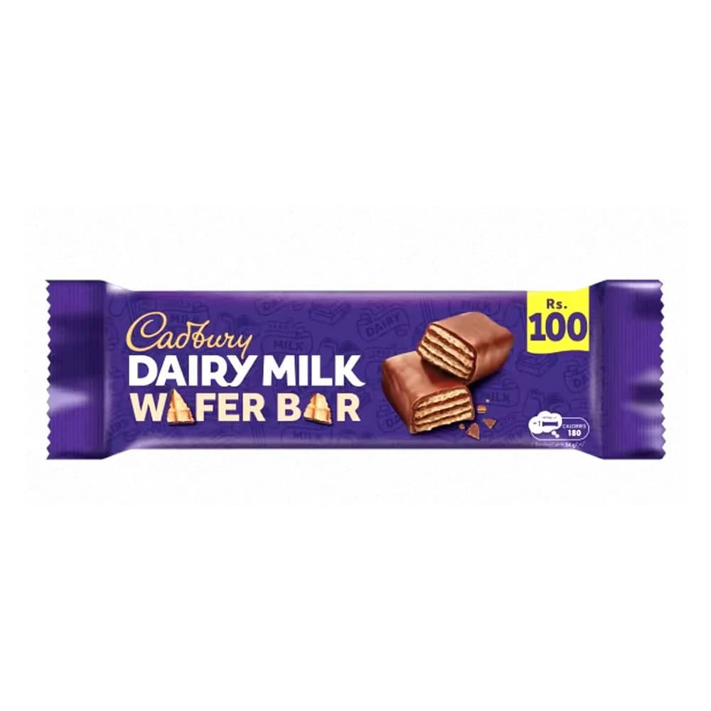 Cadbury Dairy Milk Wafer Bar featuring a rich chocolate coating with crispy wafer layers, packaged in a vibrant purple wrapper. The bar weighs 34g and is displayed with a cut piece revealing its texture.