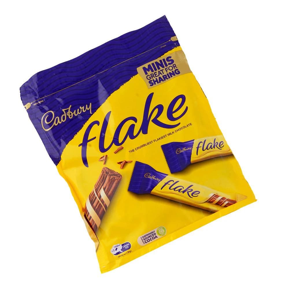 Cadbury Flake Mini Chocolate Bars in a vibrant yellow and purple packaging. The pack features multiple individually wrapped bars, highlighting the crumbly texture of the milk chocolate. Ideal for sharing, the pack emphasizes its delicious flavor…
