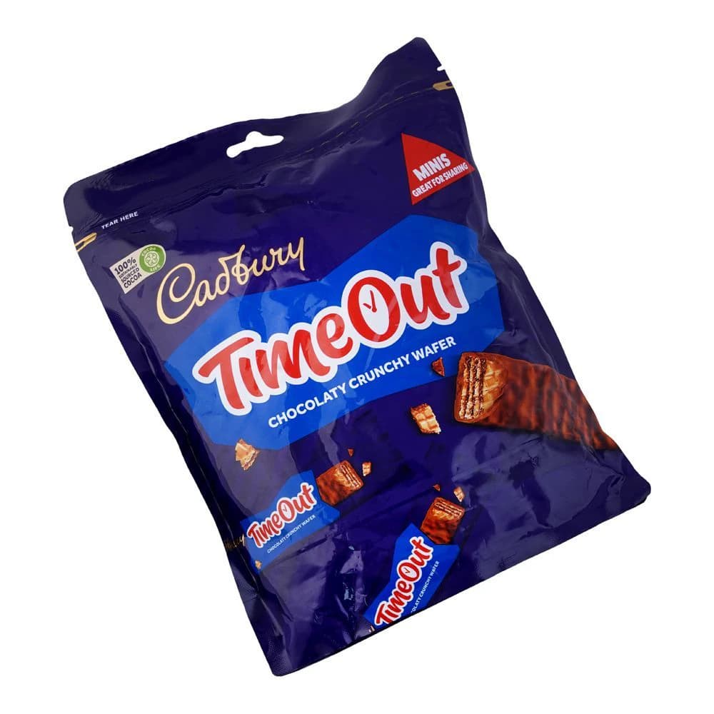 Cadbury TimeOut Chocolaty Crunchy Wafer 247g pack featuring a vibrant purple design with bold red and blue accents. The packaging showcases the product name prominently, ideal for sharing.