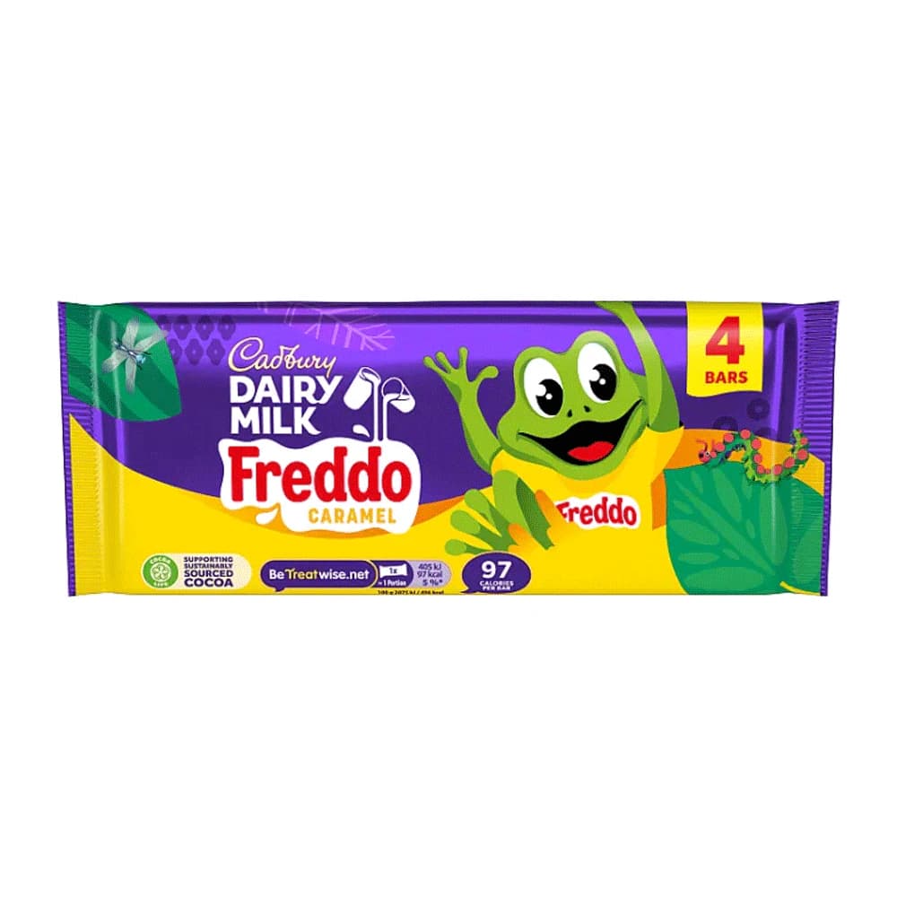 Cadbury Dairy Milk Freddo Caramel chocolate bars pack featuring a vibrant purple and yellow design, containing 4 bars, each with 97 calories. The playful Freddo character is prominently displayed, emphasizing the fun and delicious caramel flavor.