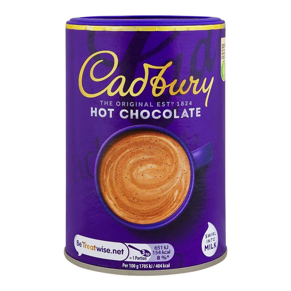 Cadbury Hot Chocolate Powder 250g jar featuring a rich, creamy hot chocolate swirl in a blue mug. The vibrant purple packaging highlights the brand name and product details, perfect for cozy drinks.