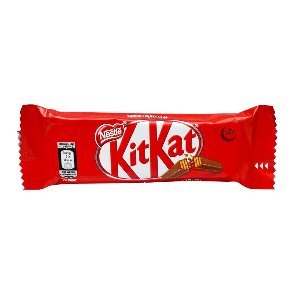 Nestle KitKat 2 Fingers Chocolate Bar, 17.5g, featuring a vibrant red wrapper with the iconic KitKat logo and a depiction of the chocolate wafer inside, displayed against a plain background.