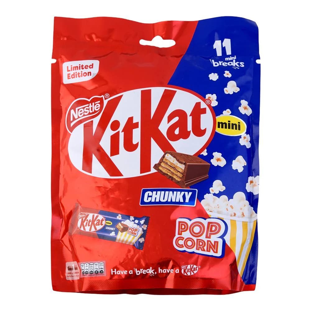 Nestlé KitKat Chunky Popcorn mini pack, 182.6g, featuring a vibrant red and blue design with popcorn graphics, showcasing 11 mini breaks of chocolate-covered wafer bars.