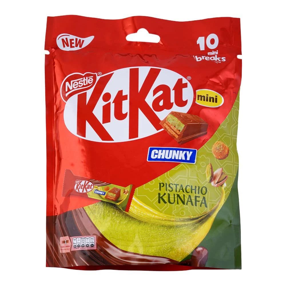 Nestle KitKat Mini Chunky Pistachio Kunafa, 166g pack featuring vibrant red and green packaging with images of the chocolate bar and pistachio nuts, designed for easy snacking with 10 mini breaks.