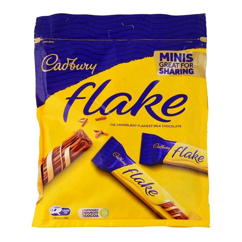 Cadbury Flake Chocolate Bar pack featuring multiple mini bars. The vibrant yellow packaging showcases the brand name 'Cadbury' and the product name 'flake' prominently. Ideal for sharing, this pack emphasizes the crumbly texture of the milk…