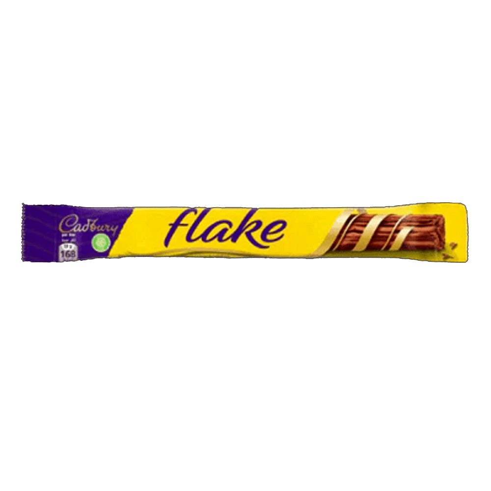 Cadbury Flake Chocolate bar, 15g, featuring a vibrant yellow and purple wrapper with the brand name prominently displayed. The bar is a delicate, flaky chocolate treat, perfect for indulgence.