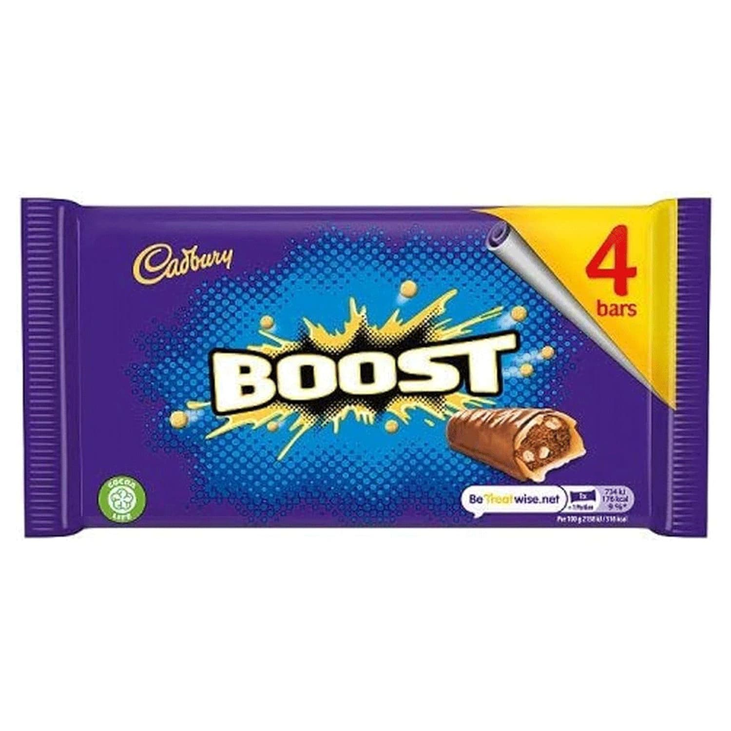 Cadbury Boost Chocolate Multipack containing 4 bars, each weighing 31g. The vibrant purple packaging features bold yellow and black graphics with the word 'Boost' prominently displayed. Ideal for chocolate lovers seeking a delicious treat.