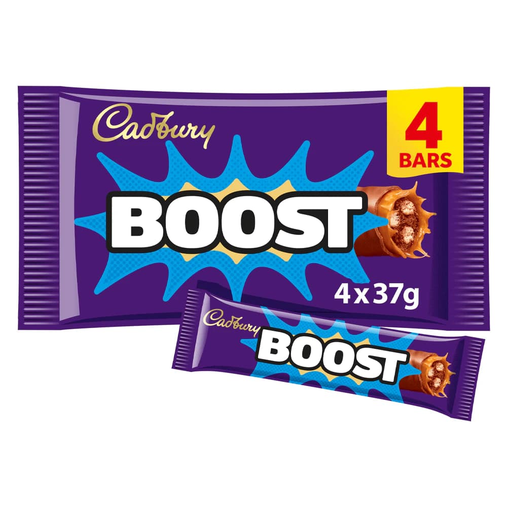 Cadbury Boost Chocolate Bar multipack featuring four 37g bars. The vibrant purple packaging showcases the brand logo and a burst design, emphasizing the delicious chocolate treat inside. Perfect for sharing or enjoying on-the-go.