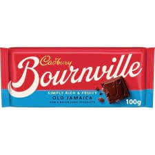 Cadbury Bournville Old Jamaica Dark Chocolate bar, 100g, featuring a vibrant red and blue packaging design with the brand name prominently displayed. The bar is rich and fruity, perfect for chocolate lovers.