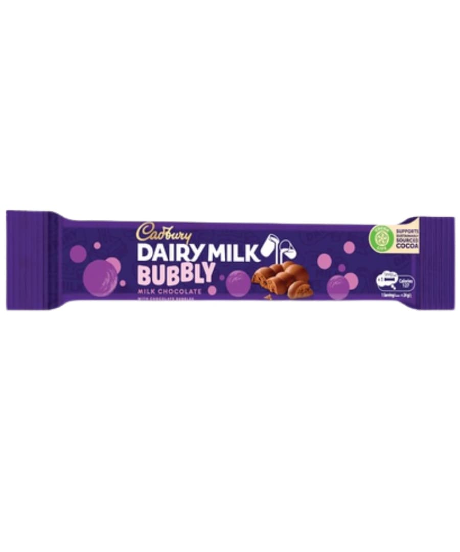 Cadbury Dairy Milk Bubbly Milk Chocolate bar, 24g, featuring a vibrant purple wrapper with playful bubble graphics and a delicious chocolate texture visible. Perfect for a sweet treat.