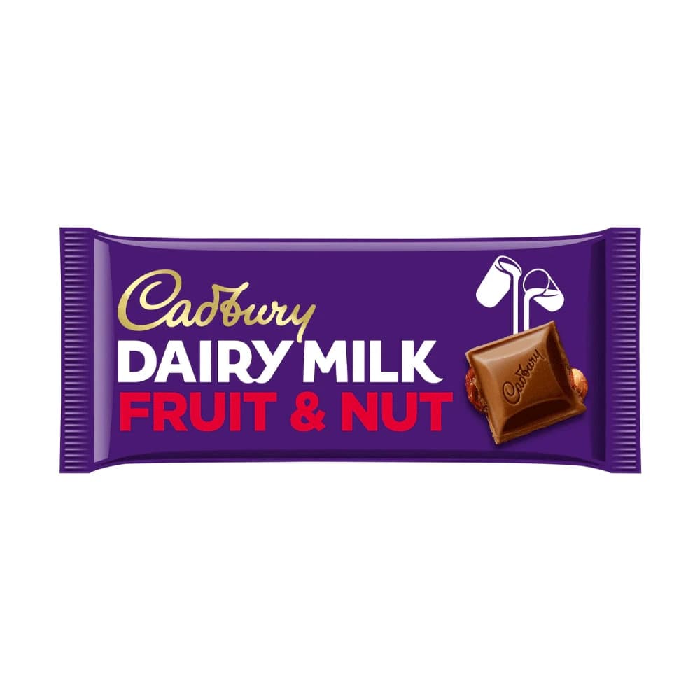 Cadbury Dairy Milk Fruit & Nut Chocolate bar, 180g, featuring a rich purple wrapper with gold and red text, showcasing a blend of chocolate, fruit, and nuts. Ideal for chocolate lovers seeking a delightful treat.