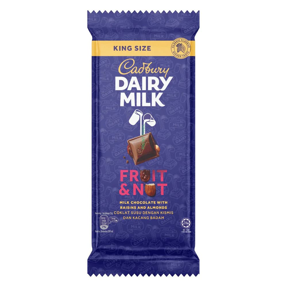 Cadbury Dairy Milk Fruit & Nut Chocolate bar, 190g, featuring a rich purple packaging with gold accents. The bar contains milk chocolate with raisins and almonds, designed in a king-size format, showcasing a vibrant and appealing design.