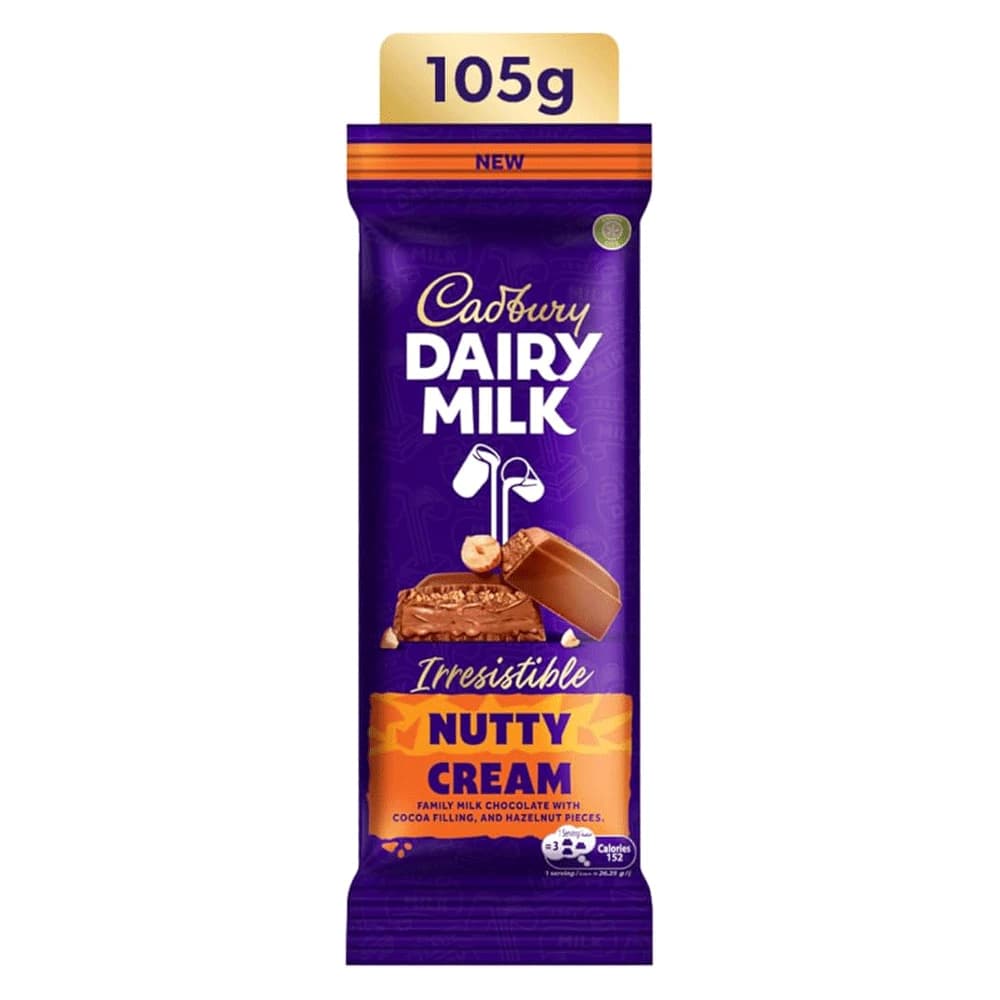 Cadbury Dairy Milk Nutty Cream chocolate bar, 105g packaging featuring rich purple and orange colors. The wrapper highlights 'Irresistible Nutty Cream' with cocoa filling and hazelnut pieces, designed for a delightful treat.
