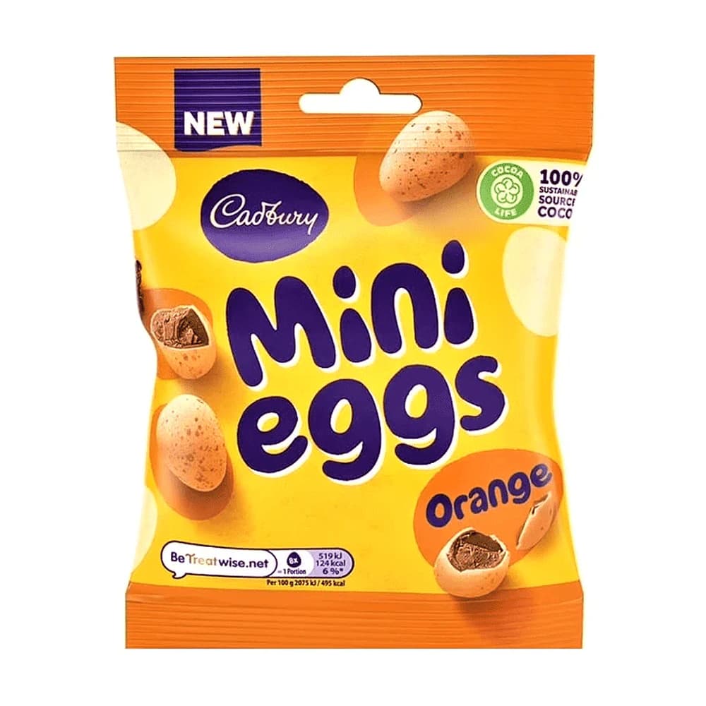Cadbury Mini Eggs Orange Chocolate Pouch, 74g, featuring a vibrant orange and yellow design with chocolate eggs visible, highlighting the brand's commitment to 100% sustainable cocoa.