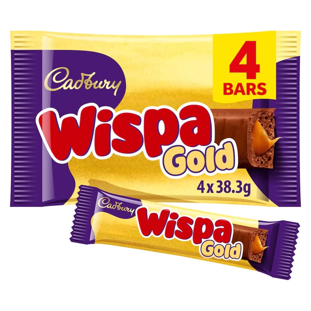 Cadbury Wispa Gold Chocolate multipack featuring 4 bars, each weighing 38g. The packaging is vibrant yellow with purple accents, showcasing the product's rich chocolate and caramel flavor. Ideal for sharing or enjoying as a treat.