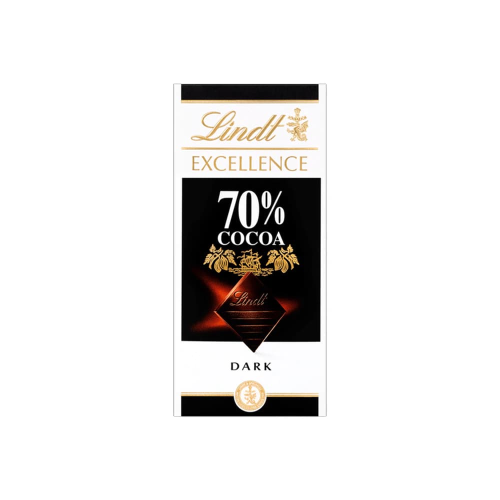 Lindt Excellence 70% Cocoa Dark Chocolate bar, 100g, featuring a sleek black and gold packaging design. The front displays '70% Cocoa' prominently, emphasizing its rich dark chocolate flavor.