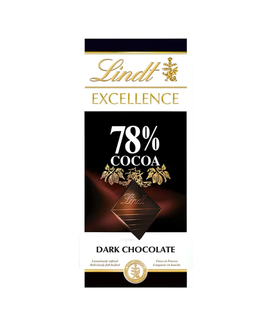 Lindt Excellence 78% Cocoa Dark Chocolate bar, 100g packaging featuring a sleek black and gold design with bold white text. The luxurious chocolate is known for its rich flavor and high cocoa content, ideal for dark chocolate lovers.