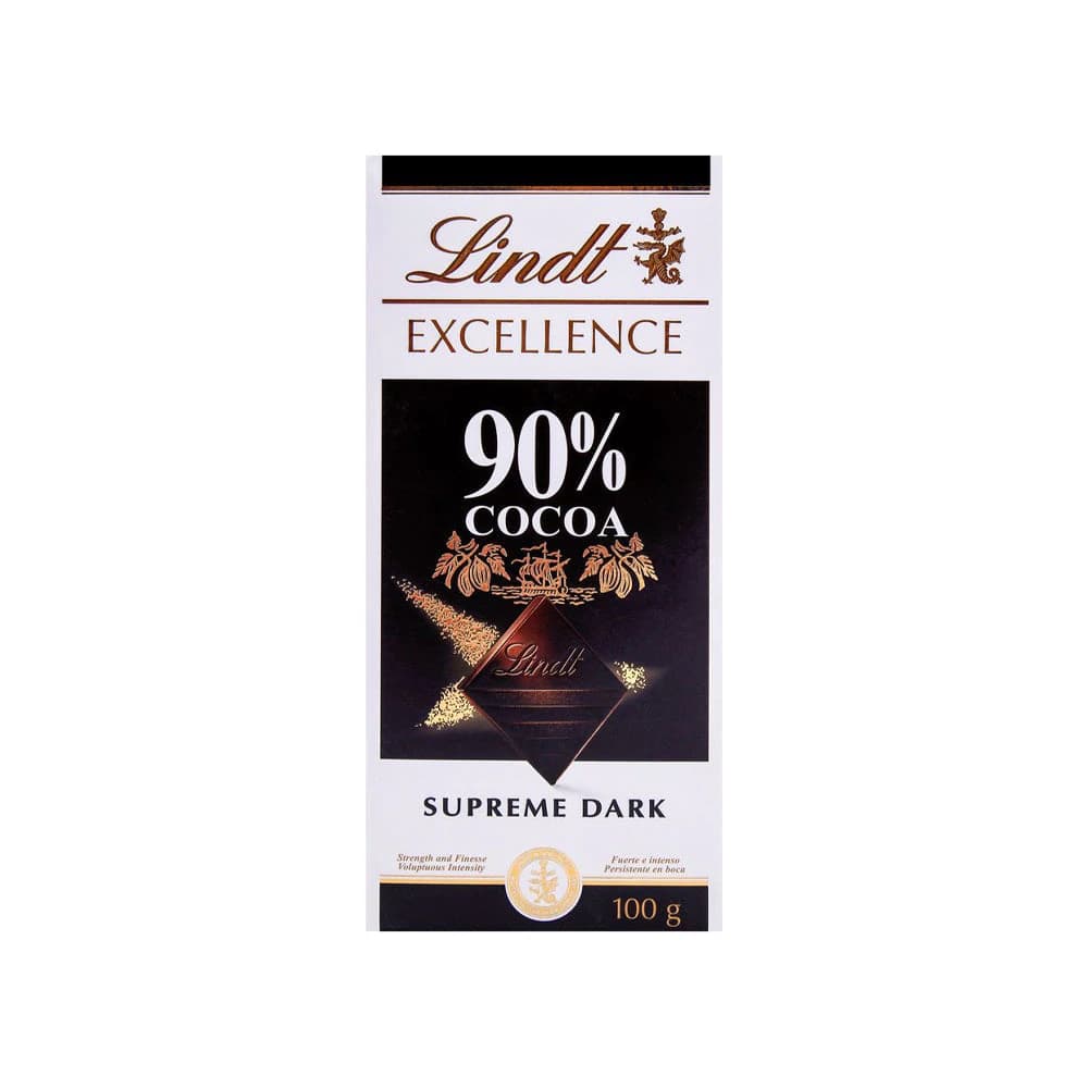 Lindt Excellence 90% Cocoa Supreme Dark Chocolate bar, 100g packaging featuring a sleek black and white design with gold accents. The front displays '90% Cocoa' prominently, emphasizing its rich cocoa content.