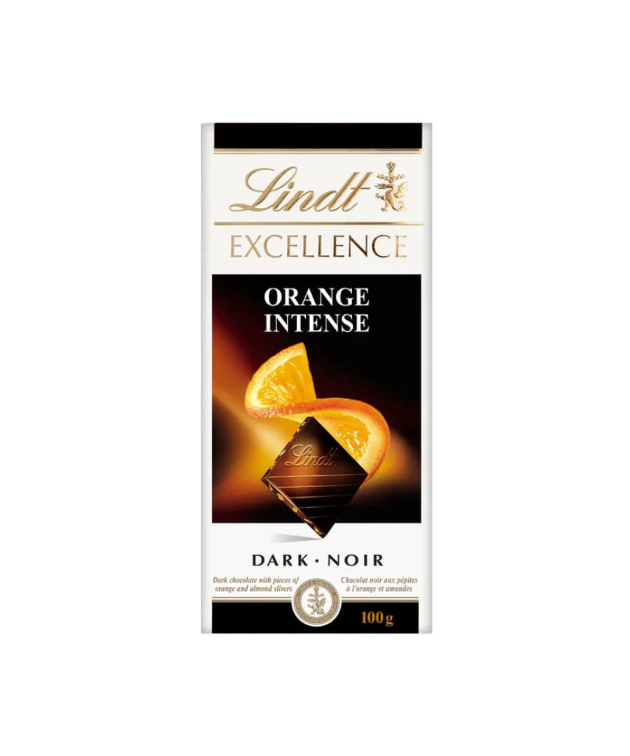 Lindt Excellence Orange Intense Dark Chocolate, 100g pack featuring a sleek white and black design with vibrant orange slices, showcasing premium dark chocolate with orange and almond slivers.