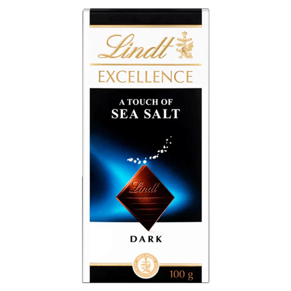 Lindt Excellence Sea Salt Dark Chocolate, 100g, featuring a sleek black and gold packaging design with a blue gradient background. The product highlights a touch of sea salt, emphasizing its rich dark chocolate flavor.