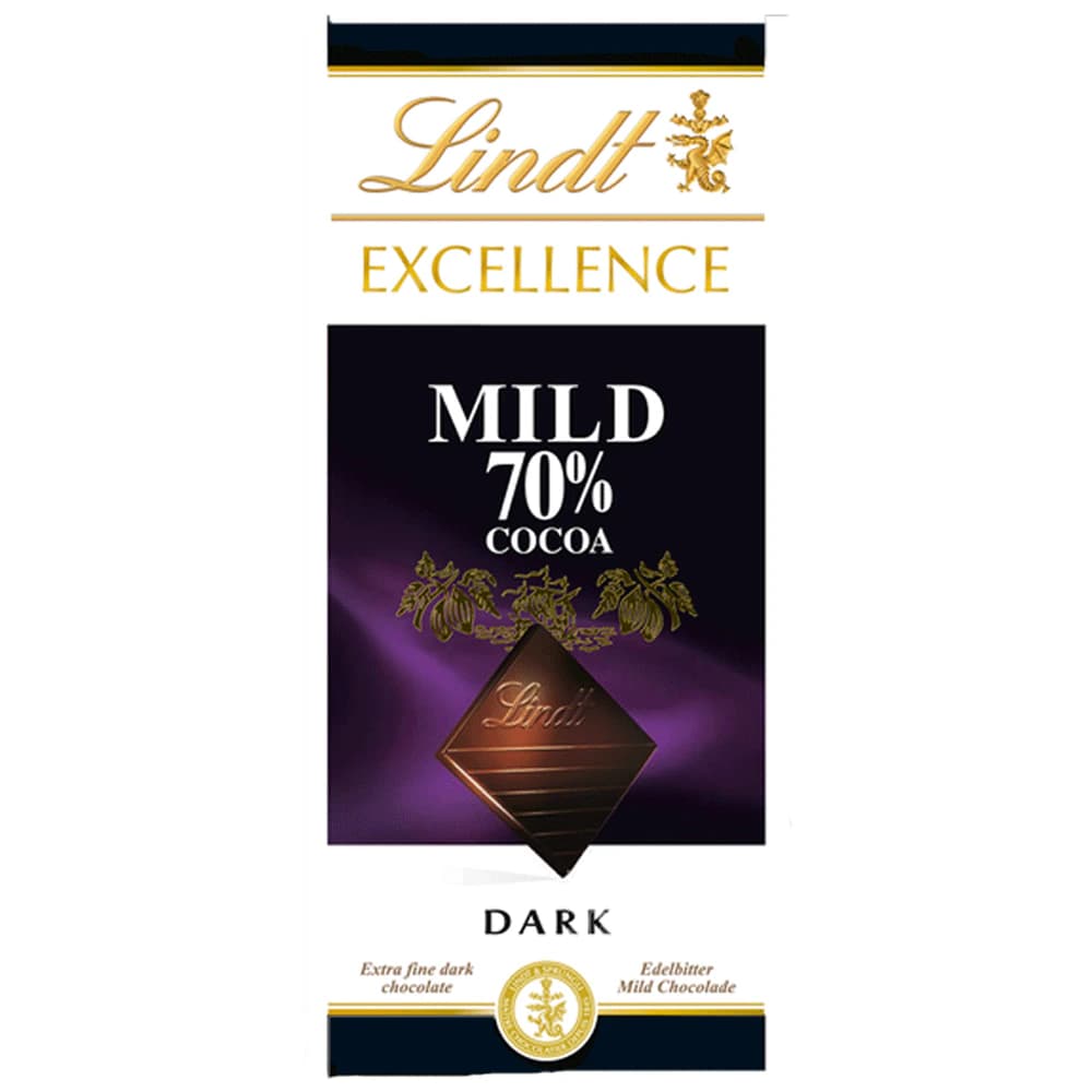 Lindt Excellence Mild 70% Cocoa Dark Chocolate bar, 100g packaging featuring a rich purple and gold design. The front displays the brand name, product type, and cocoa percentage prominently, with a sleek, elegant look.